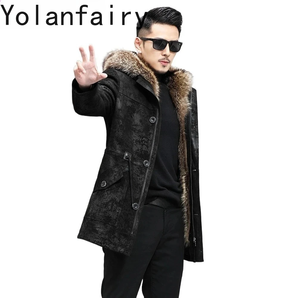 YOLANFAIRY Genuine Leather Jacket Men Winter Warm Parkas Detachable Mink Fur Liner Coats 100% Leather Coat Raccoon Fur Collar