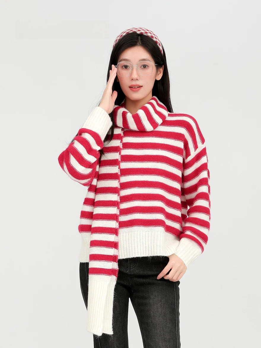 

Свободный вязаный свитер в полоску Dailanzi с высоким воротником и длинными рукавами для женщин, осенне-зимняя новинка