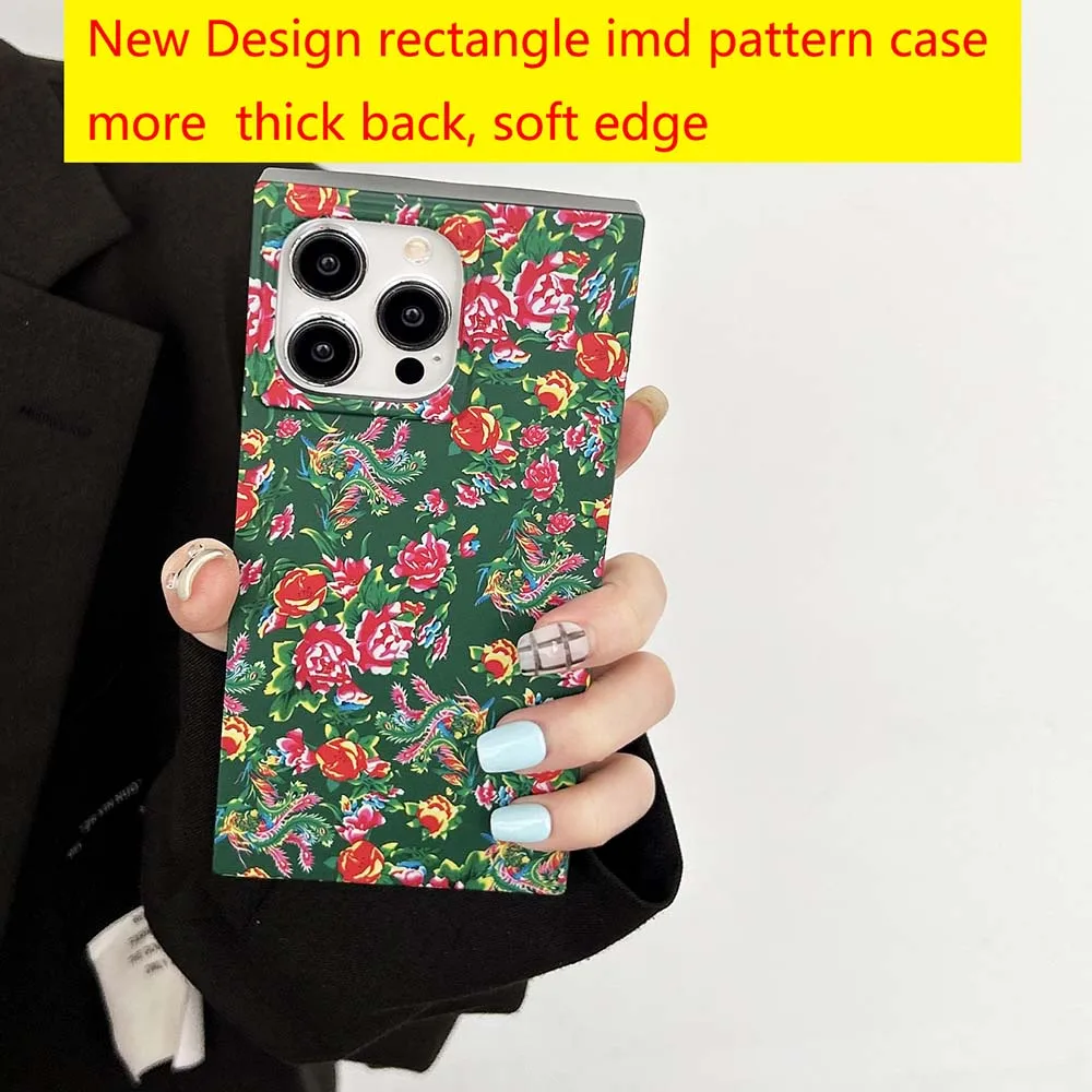 Rectangle Chinoiserie Flower imd Pattern Case For iPhone 16 15 14 13 Pro Max Thick Shockproof Soft TPU Cover Skin