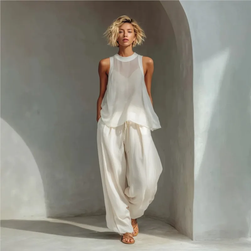 2026 New Summer Women's Long Pants Set Solid Color Sleeveless Casual Loose Elegant Temperament Breathable Unique Long Pants Set view 2