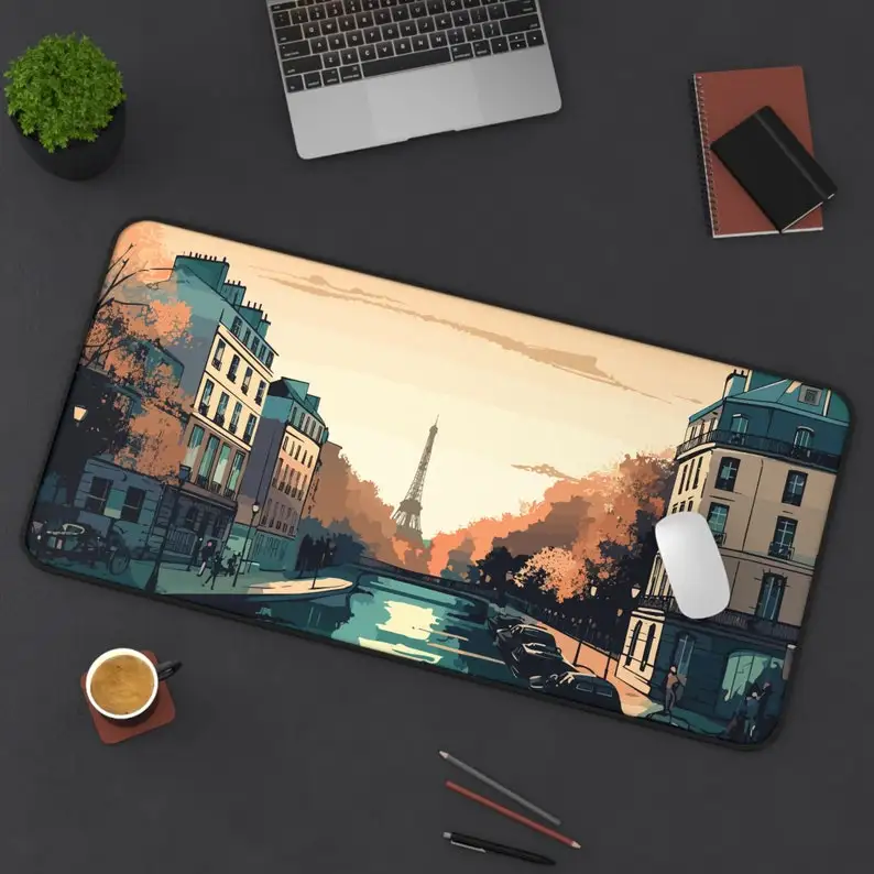 Landscape Painting Mouse Pad XXL, Eiffel Tower Cityscape Anti-Slip Gaming Mouse Pad, French Desk Decoration for Work and Gaming