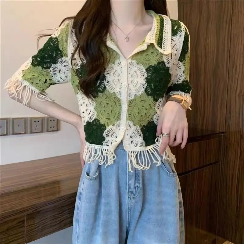 2024 New Summer Commuting Minimalist Fashion Versatile Knitted Blouses Collar Color Block Button Hollow Tassel Women\'s Shirt Top