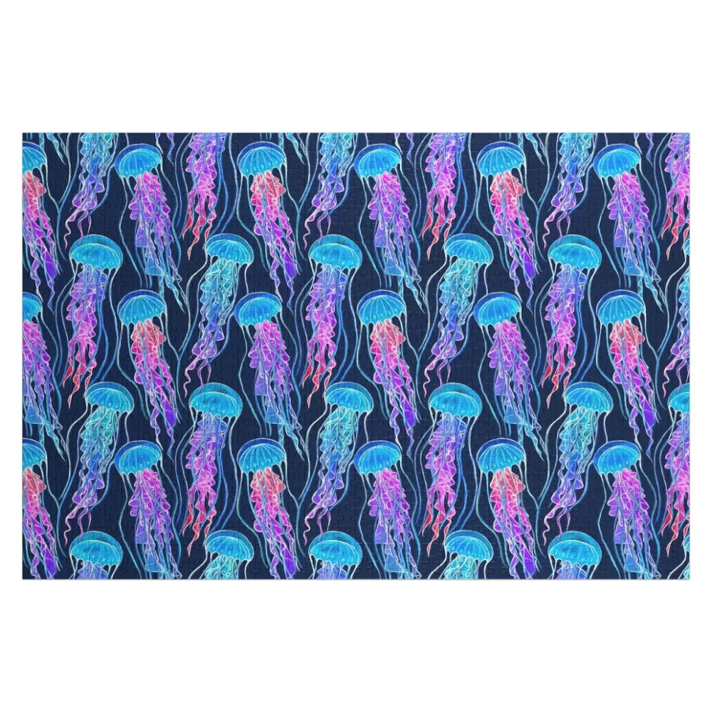 

Светящиеся радужные медузы на темно-синем деревянном пазле-головоломке, подарки на заказ с именем, рождественские игрушки, пазл с фото на заказ