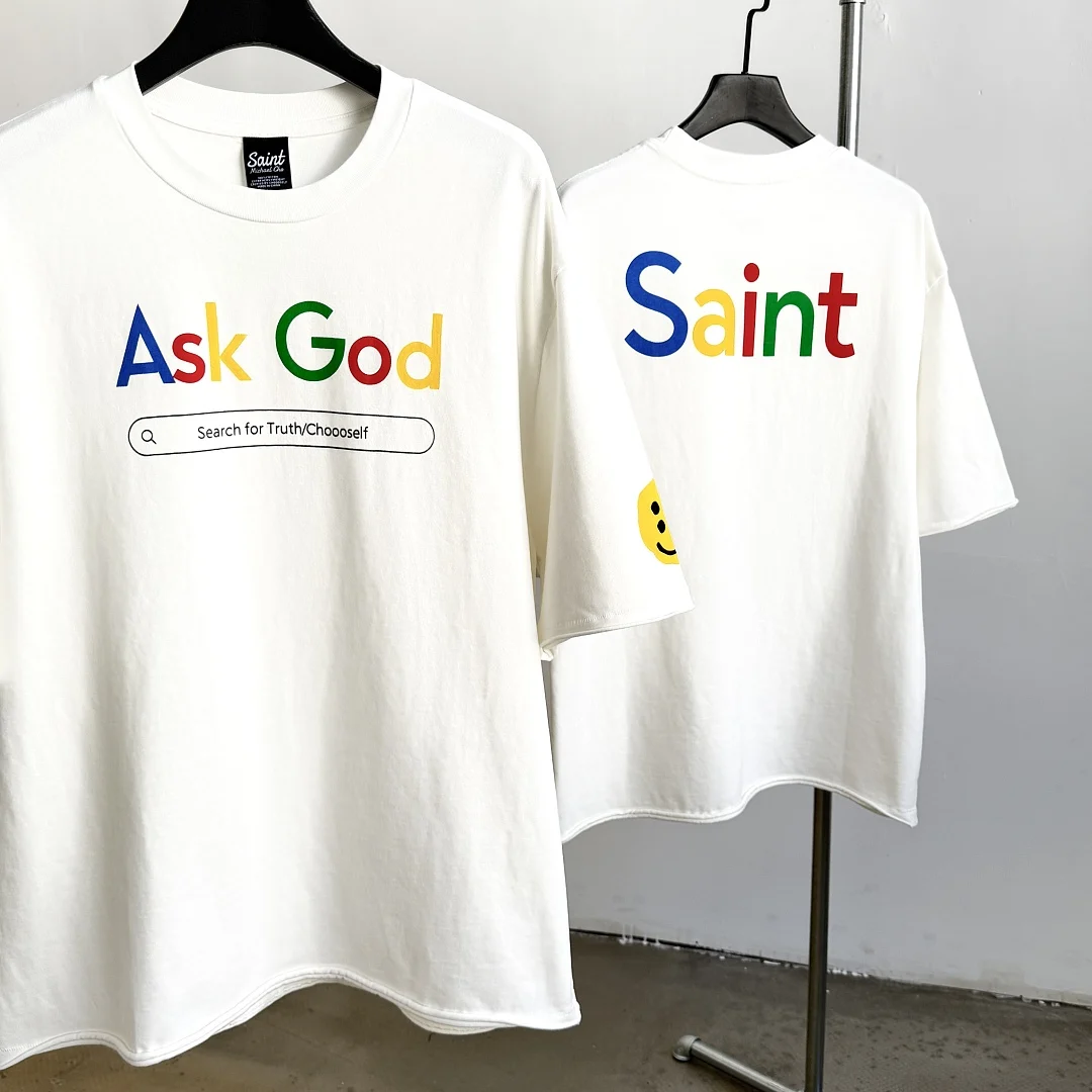 Vintage Saint Oversized T Shirt Men Ask God Letter Print Colorful Text Graphic Loose Short Sleeve Tee Y2K Streetwear T shirts