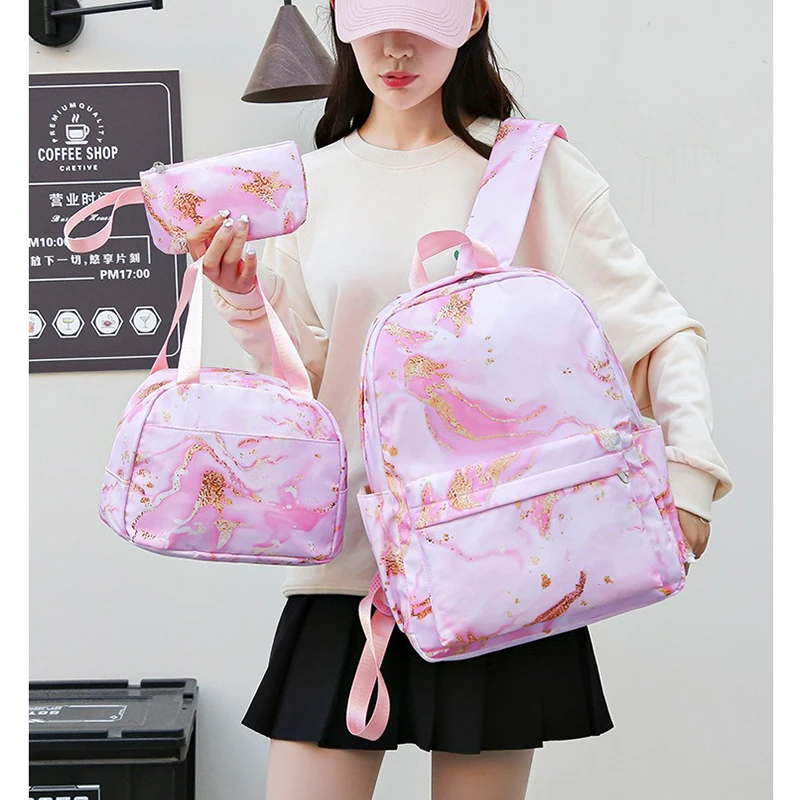 

3Pcs set Student Schoolbag Girl Boy Kid Backpack Large Double Shoulder Bag Travel Pen Lunch Bag Bookbag Laptop Sets Holiday Gift