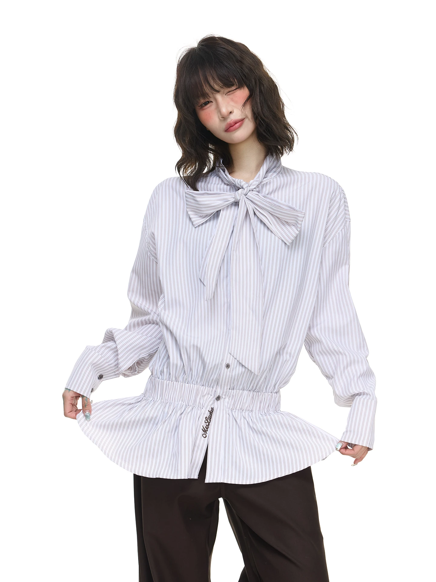 

ASTRSK Корейская женская рубашка в стиле шик с длинным рукавом, с узлами и полосками, свободного кроя, из полиэстера, с эффектом похудения