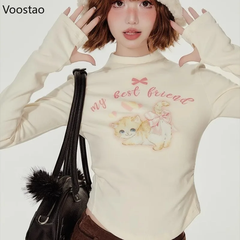 

Japanese Vintage Lolita Style T-Shirts Women Sweet Cartoon Cat Print Long Sleeves Slim Tops Autumn Y2k Aesthetics Kawaii Tees