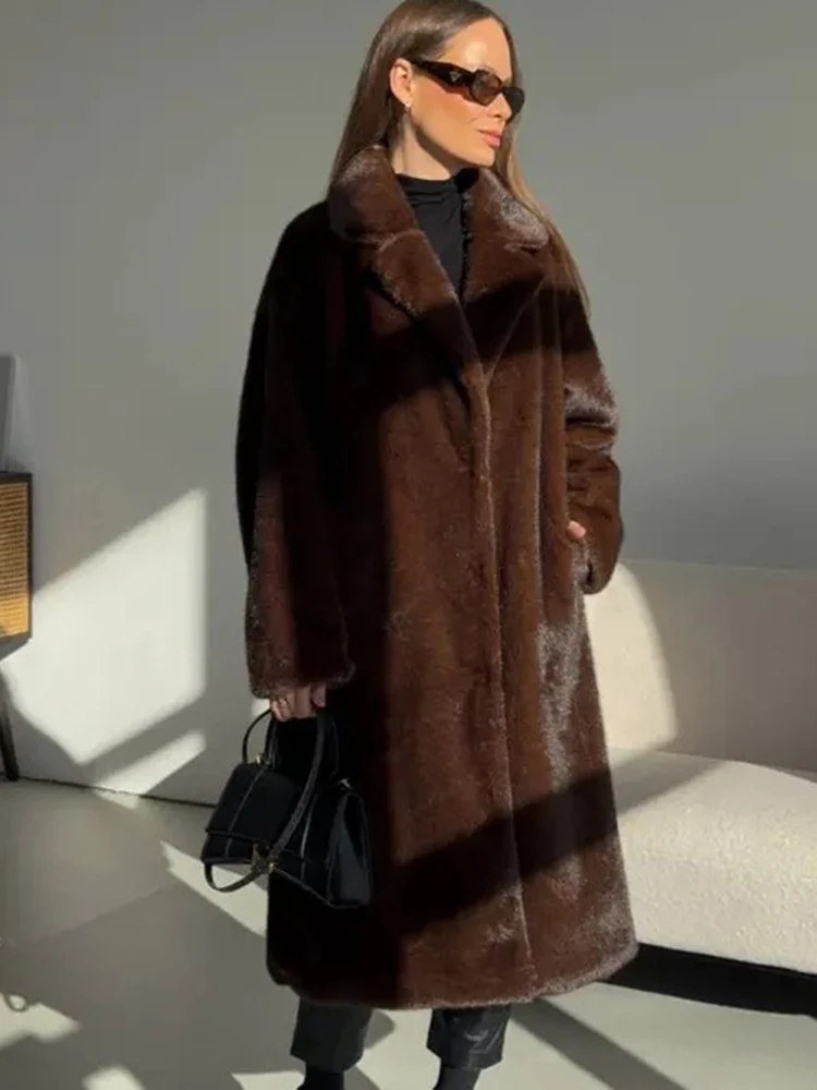 Tuularose Winter Thickened Fur Coat Fashion Vintage Brown Lapel Long Coats New Casual Commuter Warm Streetwear Women's Outerwear