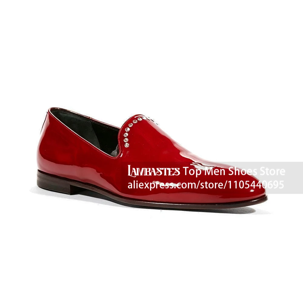 Patent Leather Rhinestone Loafers Glossy Crystal Embellished Slip On Formal Dress Shoes Low Heel Evening Party Banquet Men Shoes