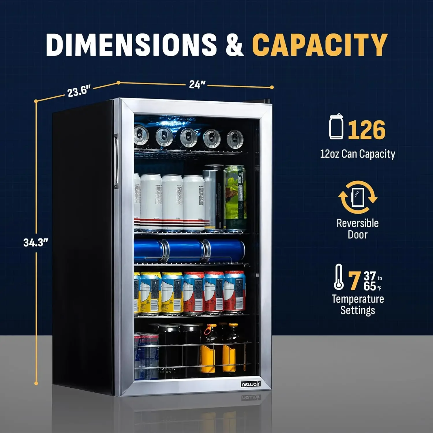 Dispositivo di raffreddamento per frigorifero per bevande |   126 lattine autoportanti con porta in vetro con cerniera destra |   Organizer per bevande mini frigorifero perfetto