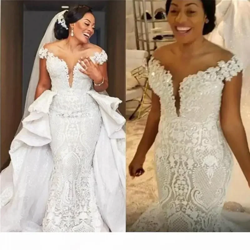 

Customized Luxury Mermaid Wedding Dresses Detachable Train African Lace Country Garden Boho Bridal Gowns Off The Shoulder