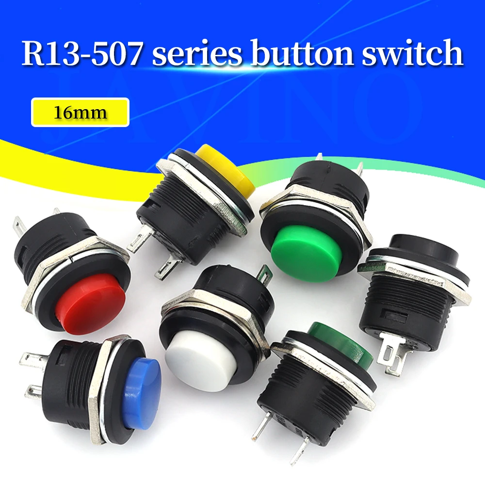 2/10/20pcs Momentary Push Button Switch 16mm Momentary 6A/125VAC 3A/250VAC Round Switches R13-507 BLACK RED WHITE BLUE YELLOW