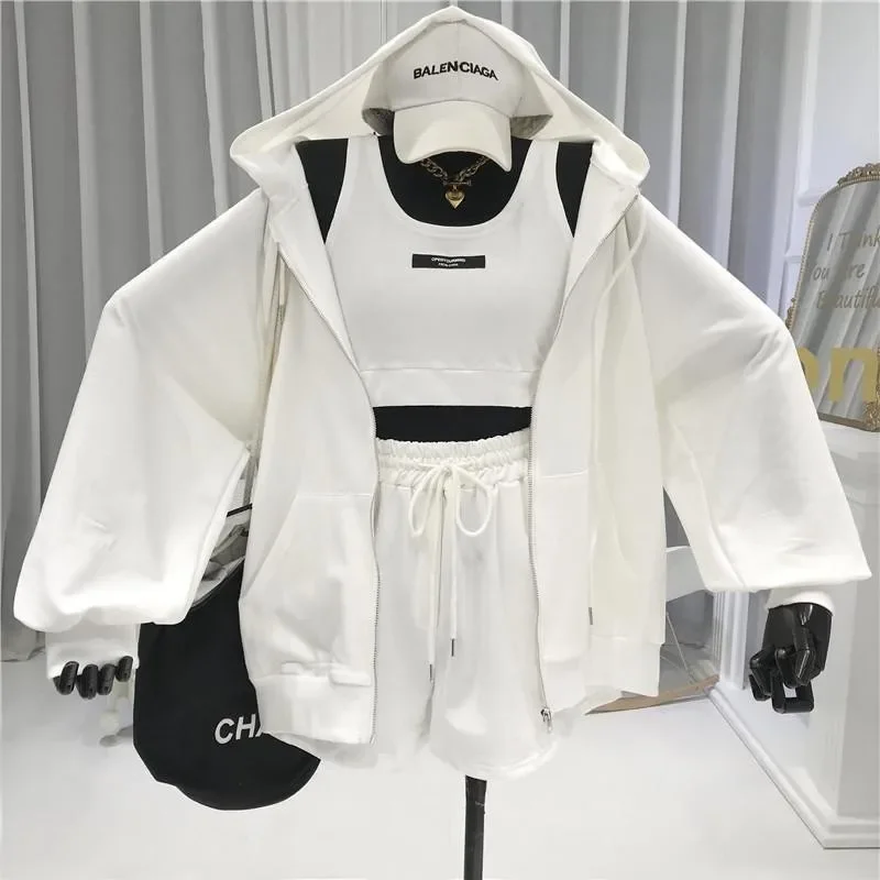 Y2k New Three-piece Casual White Vest Drawstring Running Shorts Loose Breathable Cardigan Zipper Hooded Sweatshirt Women's Set