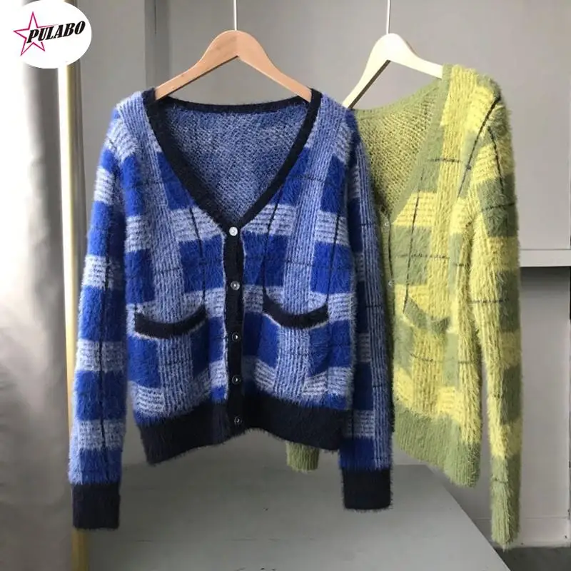 PULABO Vintage Mohair Sweater Women Knitted Cardigans Harajuku Lazy Style Ladies V-Neck Button Fuzzy Plaid Cardigan Fluffy Knit