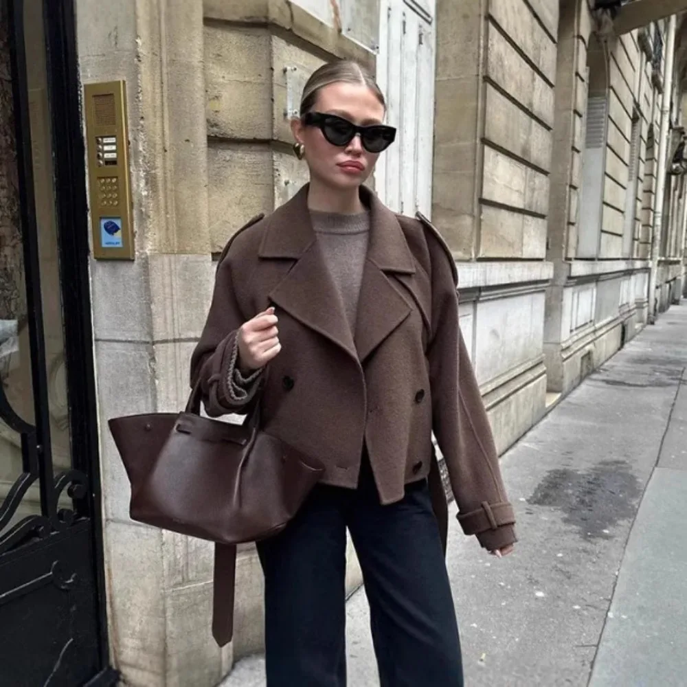 Frauen Mode Braun Woolen Mantel Zweireiher Langarm Revers Blends Jacke Herbst Winter High Street Winddicht Oberbekleidung