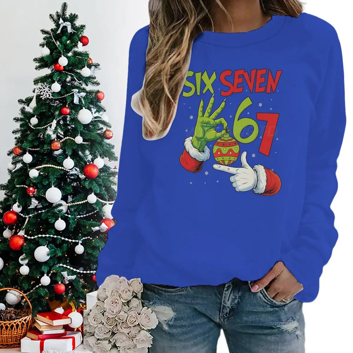 Festive Funny 6 7 Memes Hands Sweater Women Six Seven Graphic Print Sweatshirts Merry Christmas Party Fashion Casual Pullovers
