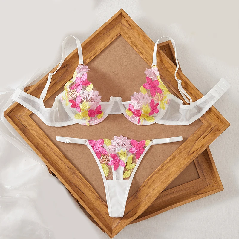 Sexy Transparentes Mesh-Lingerie-Set mit Süßer Blumenstickerei, Bügel-BH & Passender Tanga, Verführerische Damenunterwäsche für Valentinstag