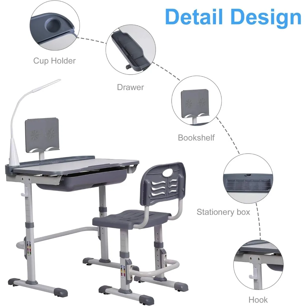 Mesas de escritura de estudio escolar para niños, escritorio inclinable, juego de mesa y silla, cajón de almacenamiento, luz LED, altura ajustable