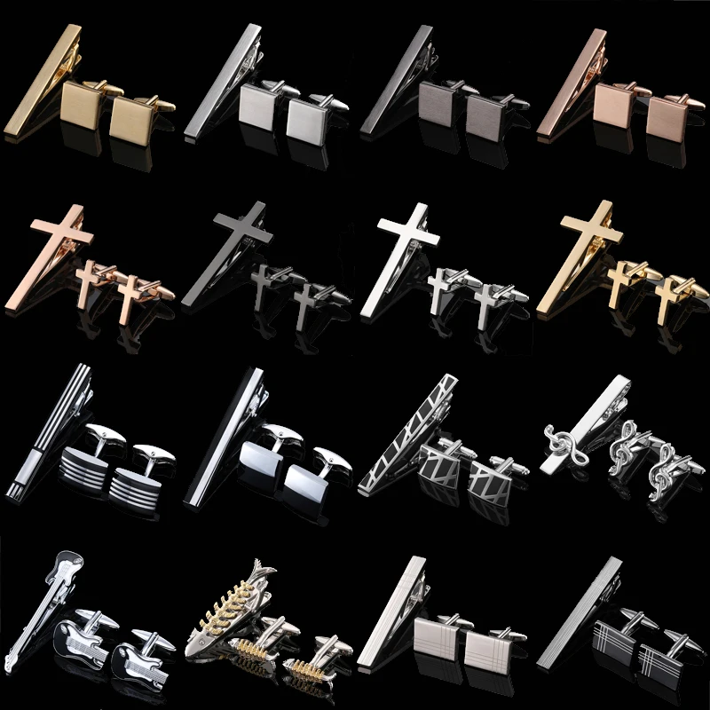 

Copper material tie clip cufflink set cross square brushed design fashion brand men's French shirt cufflink business tie clip