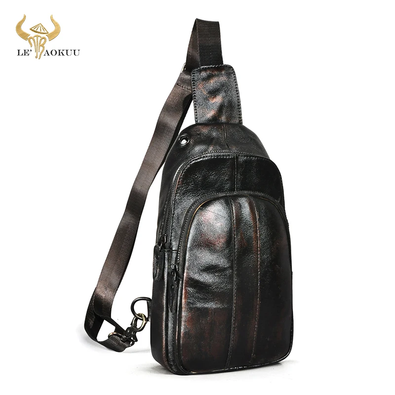 

Soft Genuine Leather Vintage Coffee Travel Triangle Chest Sling Bag Design 8" Tablet One Shoulder Strap Bag Daypack Male 8006