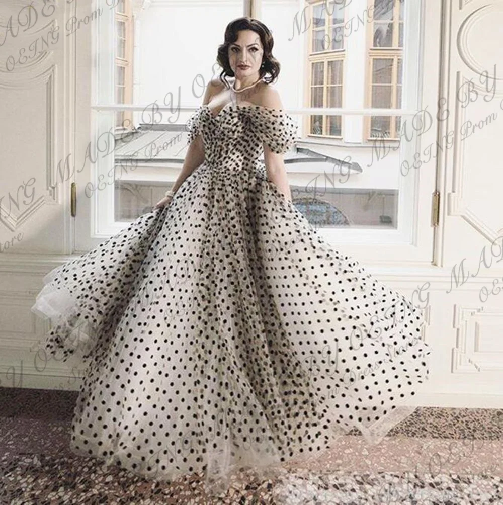 OEING Vintage Princess Dot Tulle Prom Dresses Off the Shoulder Tea Length Short Sleeves Formal Evening Party Gowns Elegant