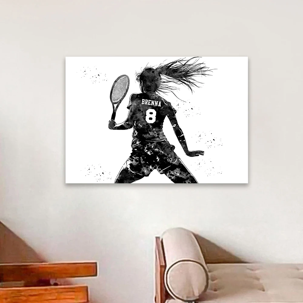 لاعب التنس فتاة شخصية ملصق فني اسم مخصص ورقم الرياضة المائية يطبع غرفة الصالة الرياضية المنزل قماش اللوحة ديكور