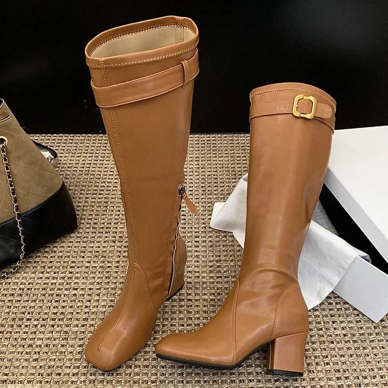 

Eilyken Punk Design Style Belt Buckle Zipper Women Knee-High Boots Autumn Winter Soft Leather Round Toe Square Heels Shoes