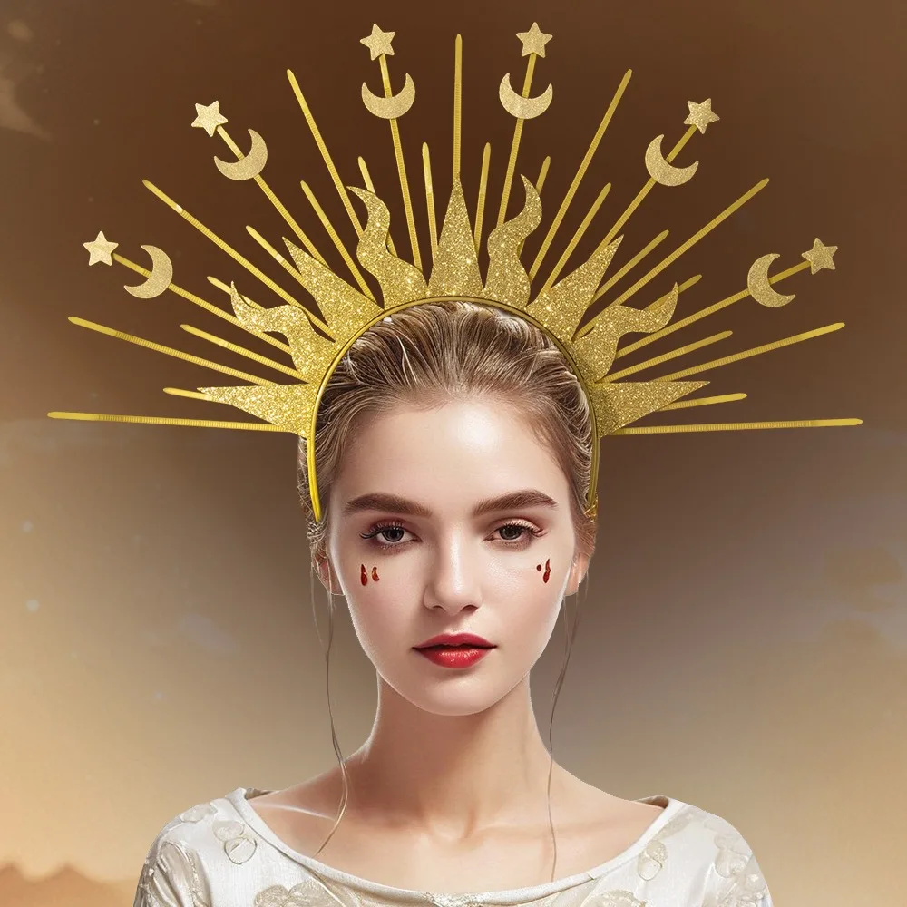 

Sun God Star Moon Combination Hair Buckle, European American Madonna Headpiece, Golden Goddess Fashion Show Character Dress Up