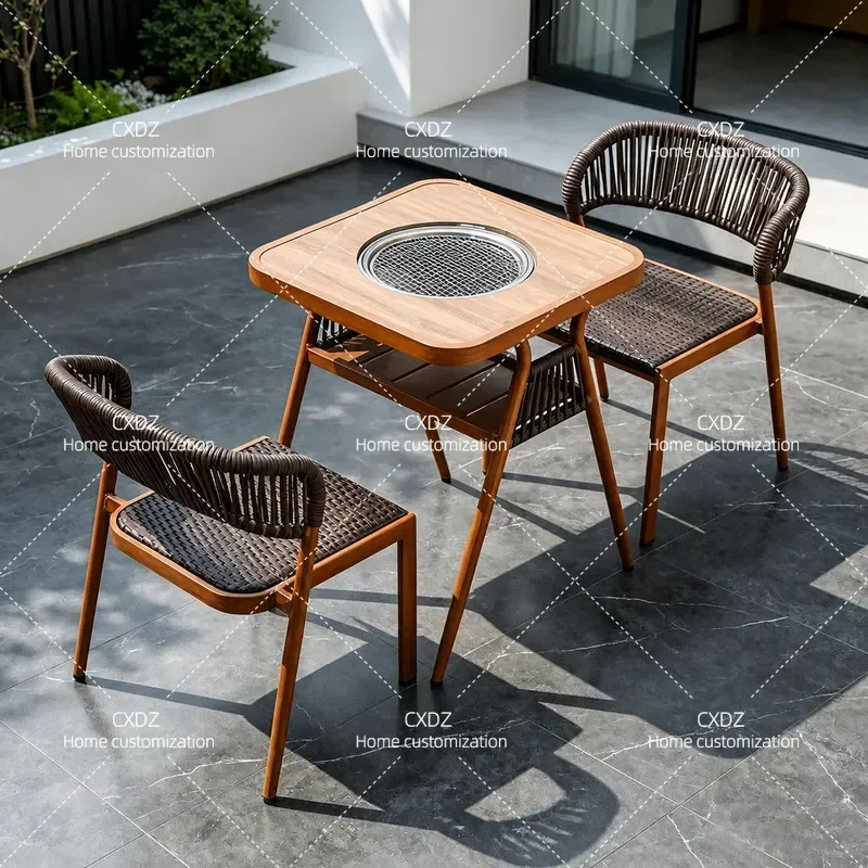 Outdoor Balcony BBQ Table and Chairs Set with Enclosed Charcoal Stove Dual Purpose Tea Coffee Table Furniture for Courtyard