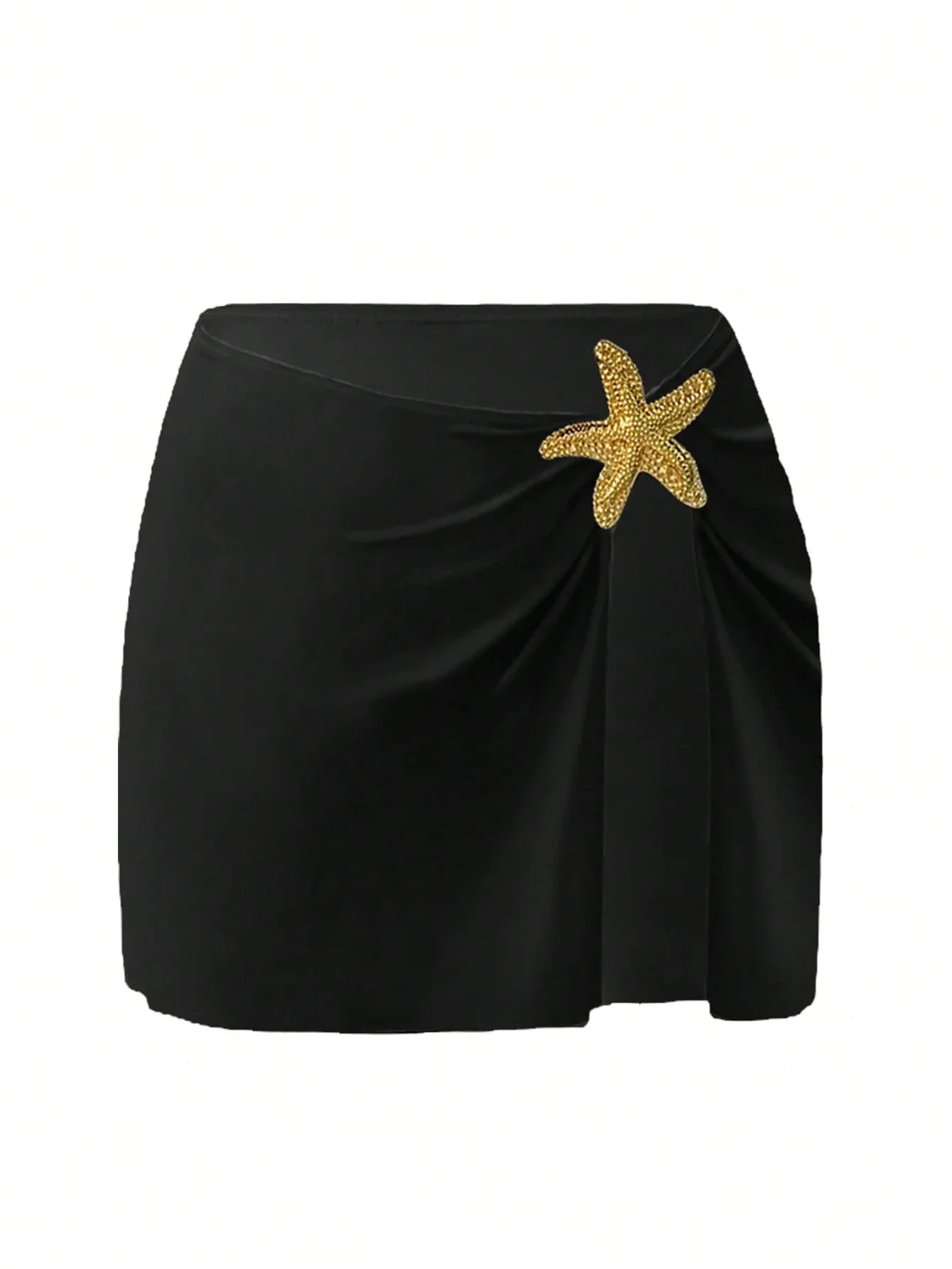 

Black One-Piece Swimsuit With Gold Starfish Embellishment And Skirt Cover