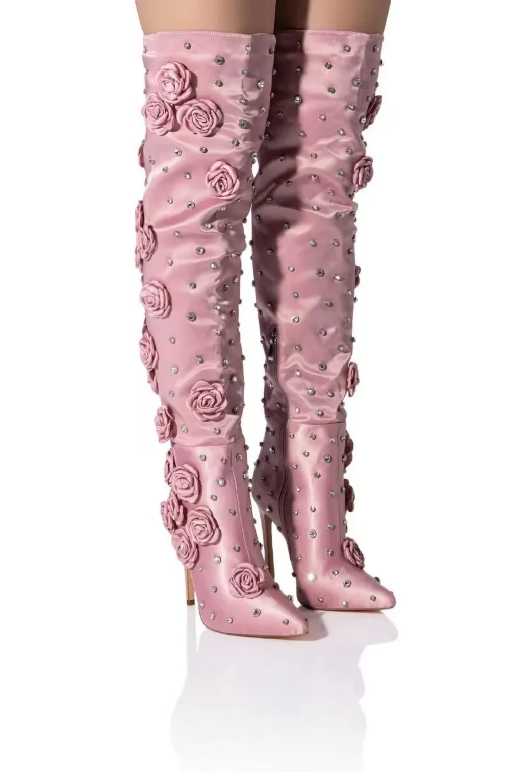 

Sweet Pink Silk 3D Rose Rivets Embellished Stiletto Heels Over-the-knee Long Boots Women Pointed Toe Zipper Banquet Runway Shoes