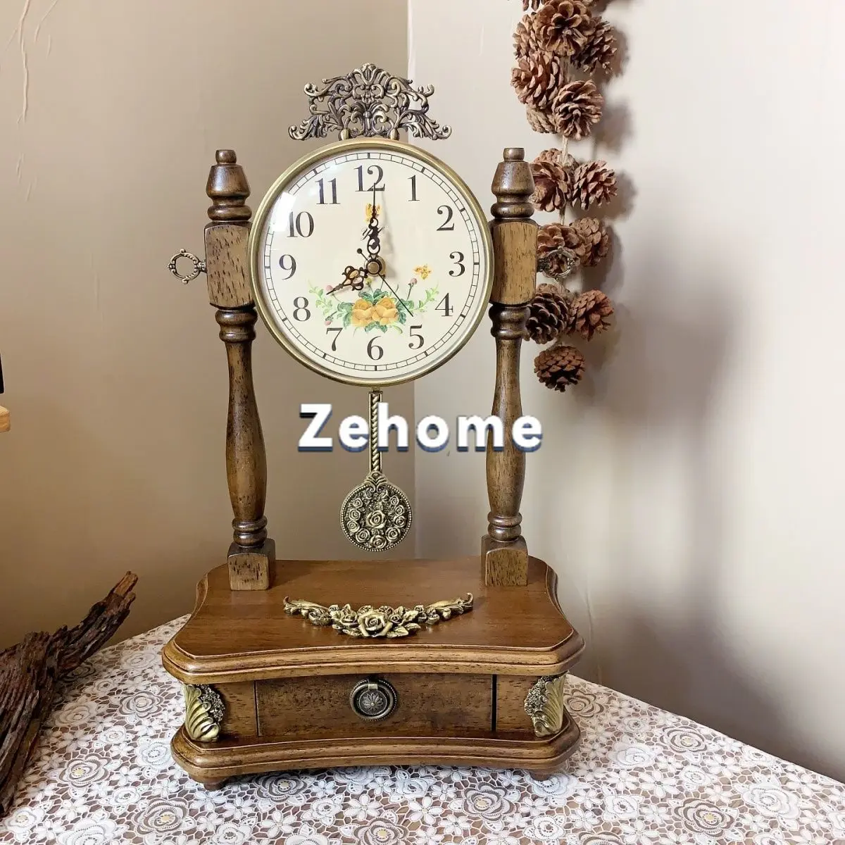 European-style solid wood vintage wooden living room desktop silent bedroom desk clock antique clock desktop tabletop