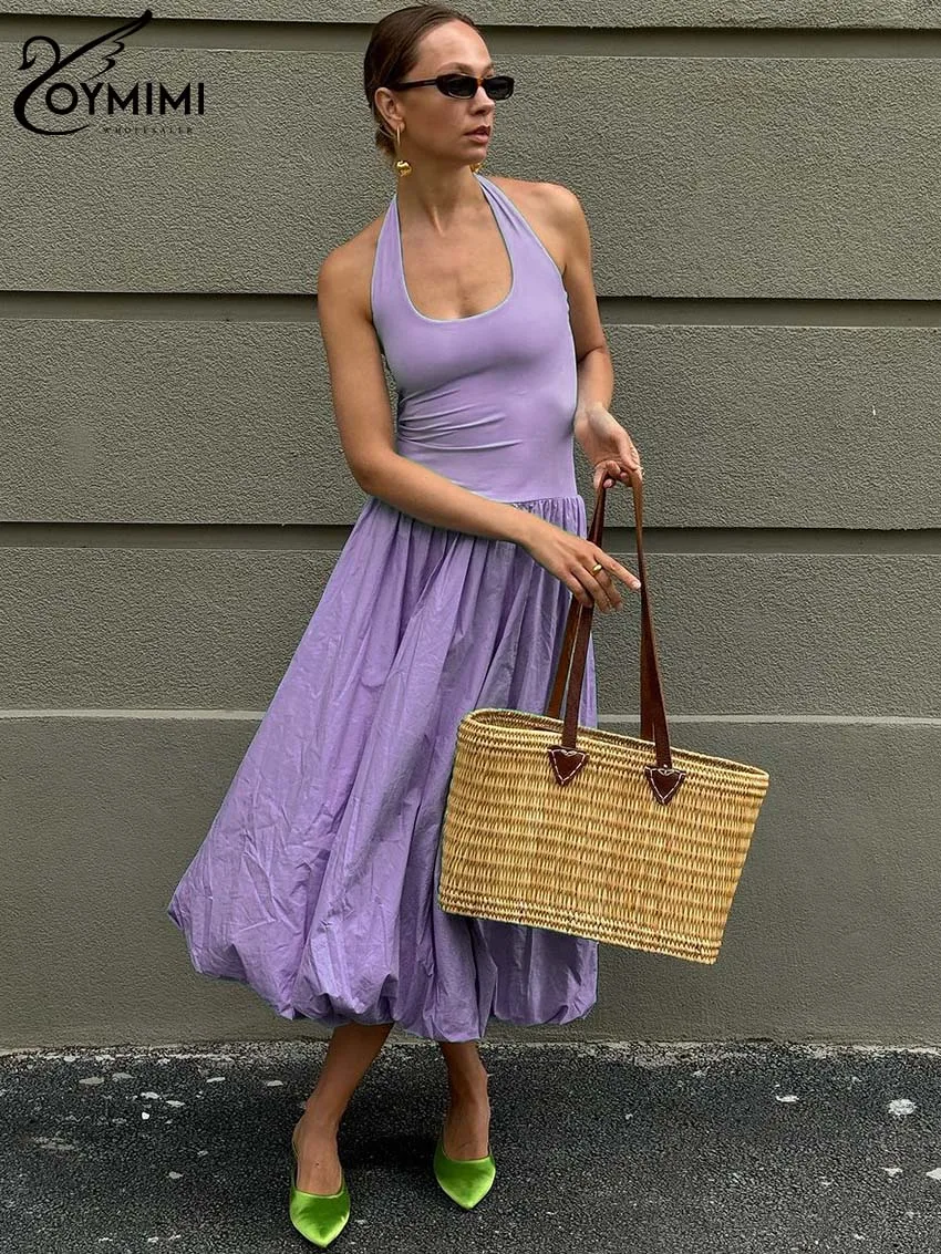 

Oymimi Fashion Purple Halter Neck Women's Dress Casual New Sleeveless High Waist Dresses Elegant Pleated Mid-Calf Dresses Female