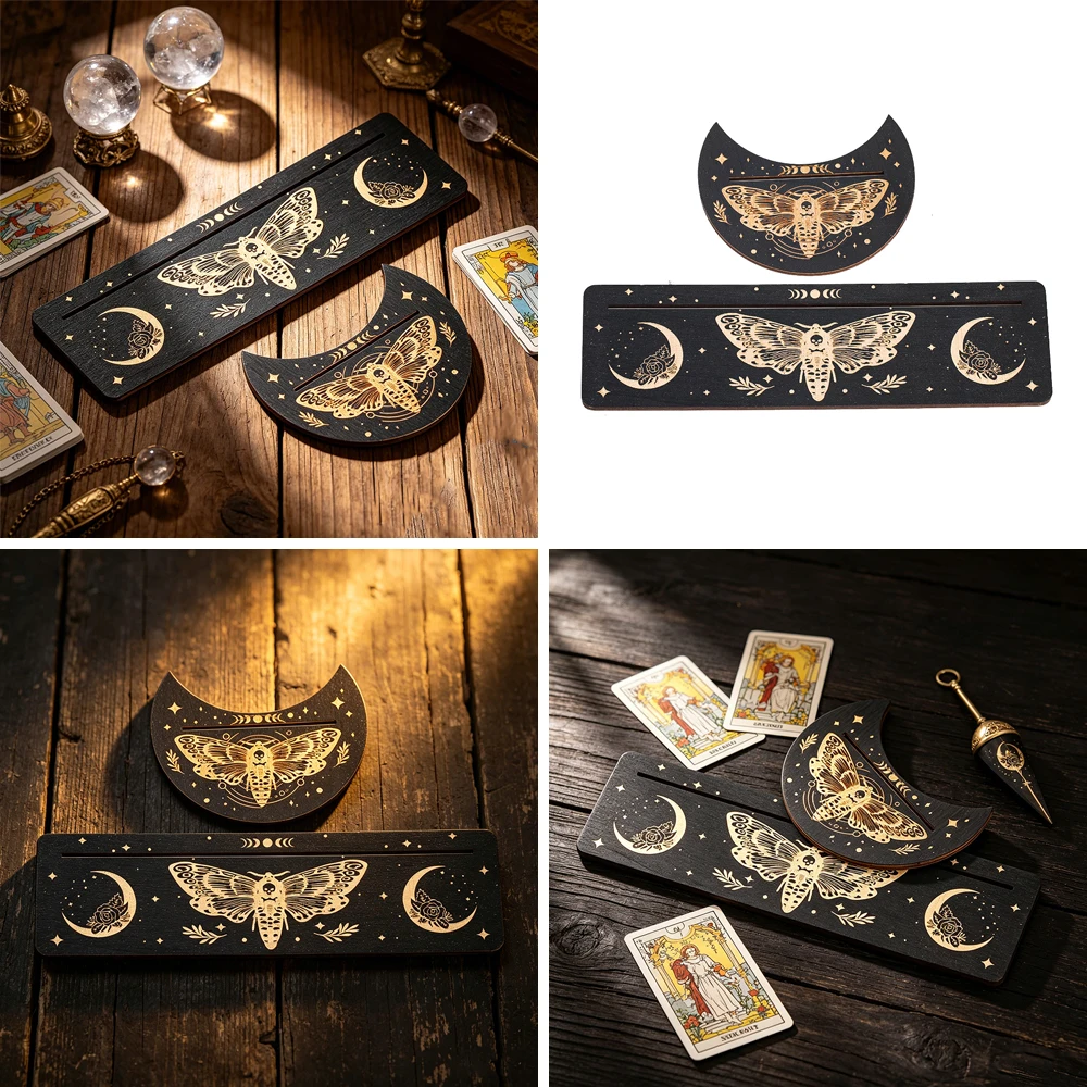 

Moth Tarot Card Stand Wooden Death Head Hawkmoth Display Holder Moon Phase Gothic Occult Altar Decor Divination Gift