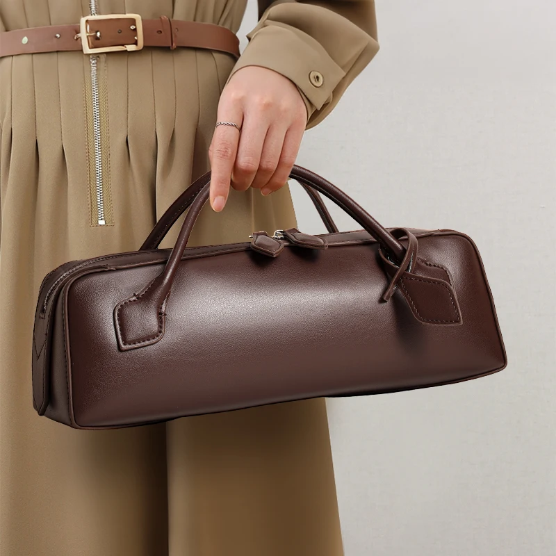 Genuine Cowhide Long Barrel Handbag Detachable Adjustable Cross Strap Multi Pocket Ladies Shoulder Bag Retro Daily Work Travel