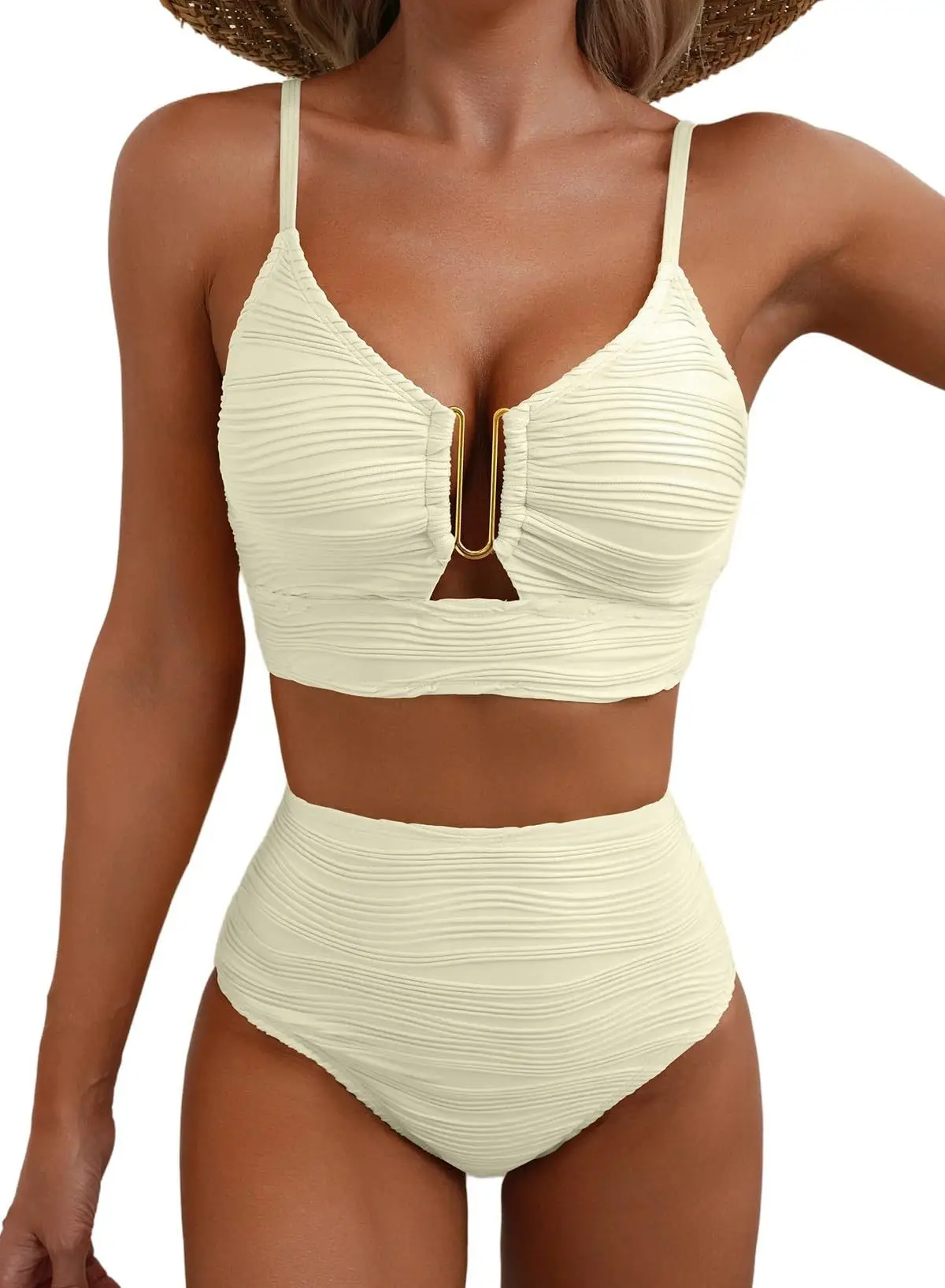 Women's Solid Color Ribbed High Waist Bikini Set Deep V Neck Cutout Adjustable Strap Swimwear Stylish Beach & Pool Outfit