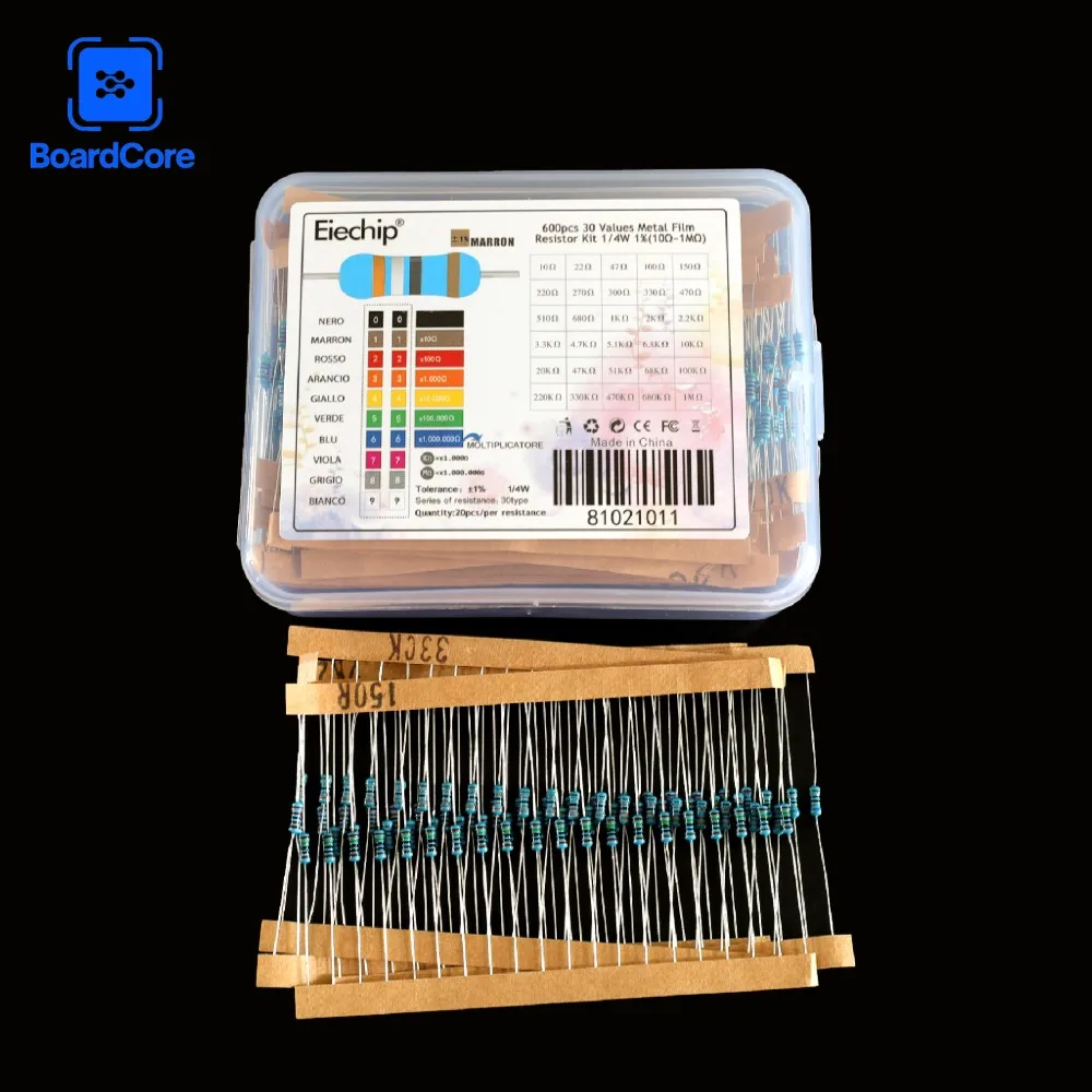 600PCS/lot 30 Values* 20pcs 1/4W 1% Metal Film Resistors Assorted Pack Kit Resistors Assortment Set Fixed Resistor 10 Ohm~1M Ohm