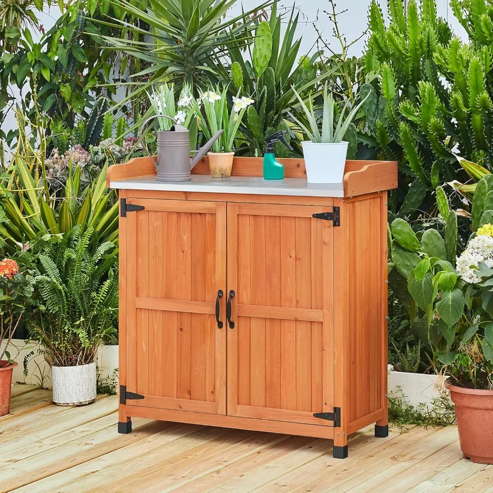 Garden Potting Bench Table - Outdoor Garden Patio Wooden Storage Cabinet&Solid Wood Planting Work Bench with Large Space Storage