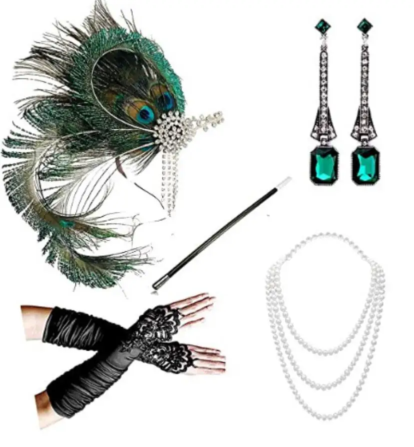 Conjunto de acessórios combinando vestido flapper vintage, fantasia de Charleston verde, grande Gatsby, faixa de penas, 2019