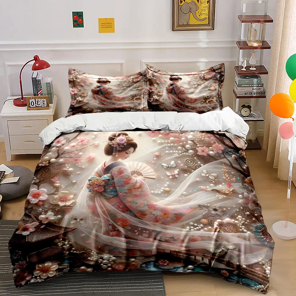 

3Pcs Japanese Geisha Bedding Set, 3D Kimono Lady with Cherry Blossoms Print Duvet Cover + 2 Pillowcases, Traditional Decor