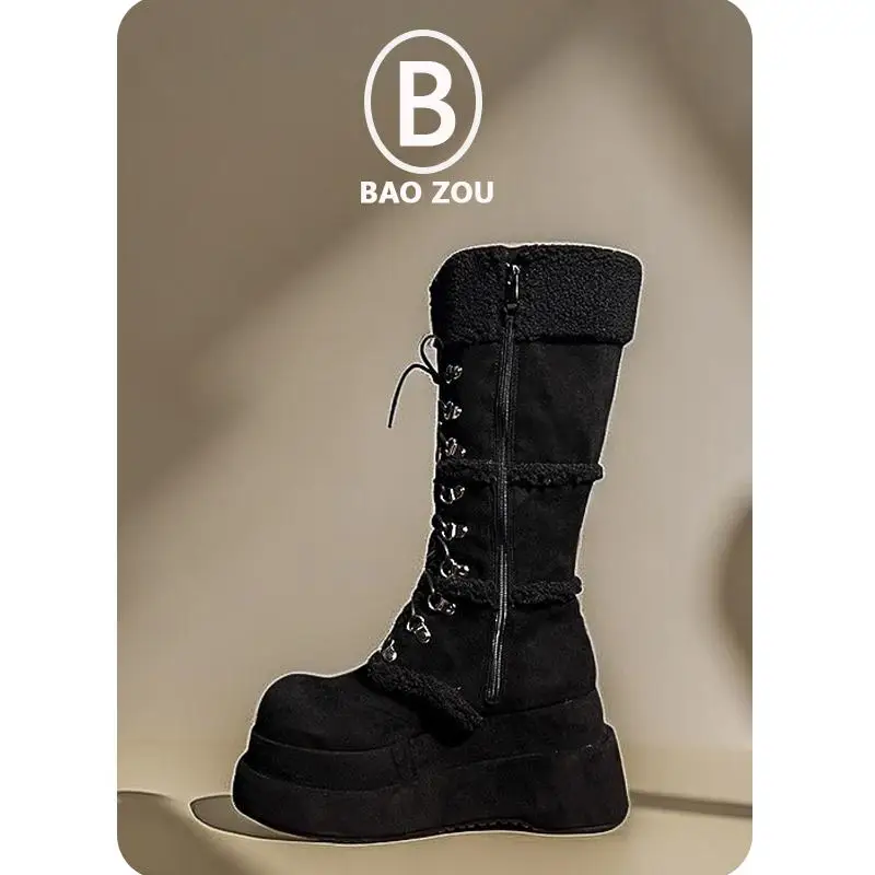 

Gothic Sle Women's High-Top Boots Leather Version Plu round Toe Front Bule Platform Faion Boots Winter Season