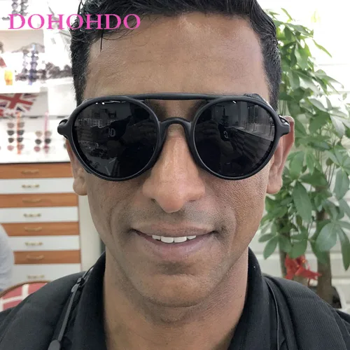 Imagen 2 del producto Gafas de sol Steampunk Vintage a la moda para hombre y mujer, gafas de sol redondas Retro de cuero de diseñador, gafas Steam Punk para exteriores UV400