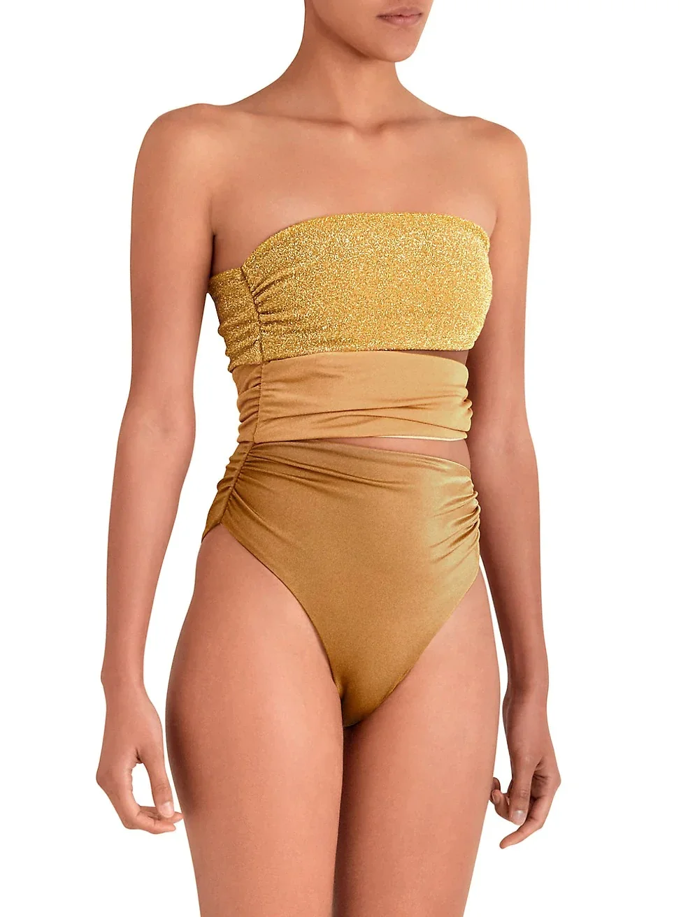 Gold Strapless Tube Top Elegant Bikini Hollow One-Piece Swimsuit High Waist Open Back Sexy Gathered Swimwear Push-Up 2022