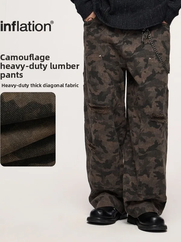 

Adjustable Deconstructed Patchwork Zipper Camouflage Workwear Casual Pants Men Design Sense Straight Heavy Du Trousers