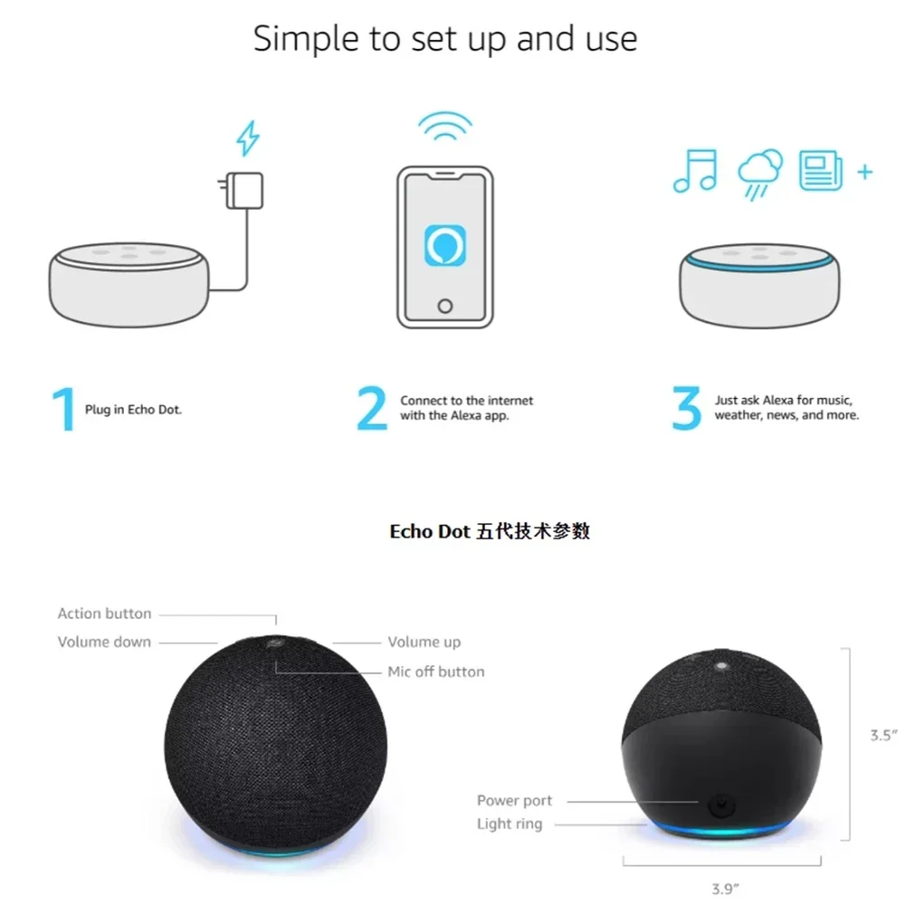 Alexa-betriebener, heißer Verkauf, Smart Home Mini-Smart-Lautsprecher, brandneuer Smart-Lautsprecher der Colcok-Generation Echo Dot5 mit Alexa