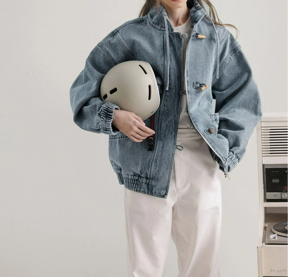 

Silhouette Retro Old Washed 2026 Spring and Autumn Horn Buckle Denim Jacket Women