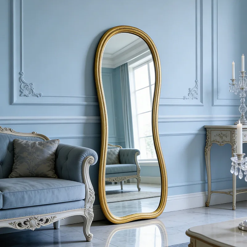French retro gilt floor-to-ceiling full-body mirror retro old streamline irregular