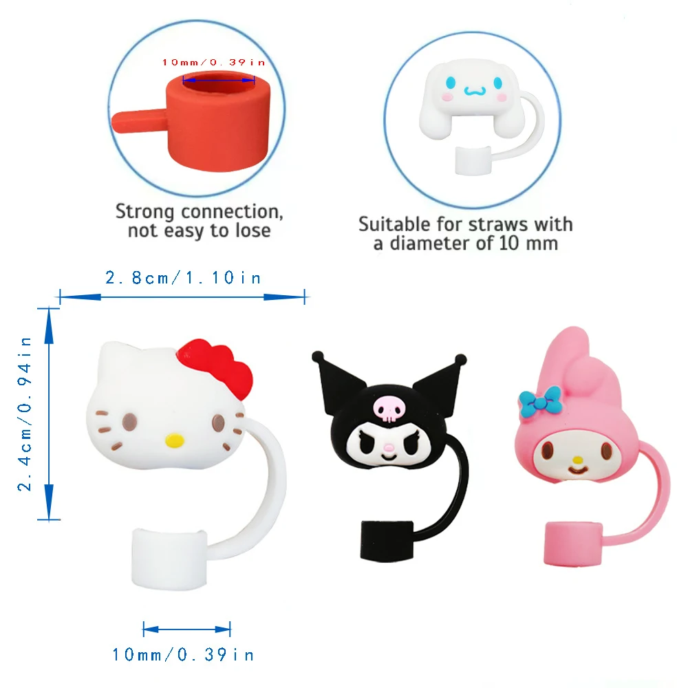 4Pcs Sanrio Hello Kitty Cinnamoroll Kuromi Melody Dustproof Straw Cap Silicone Straw Cup Accessories Party Props Gift