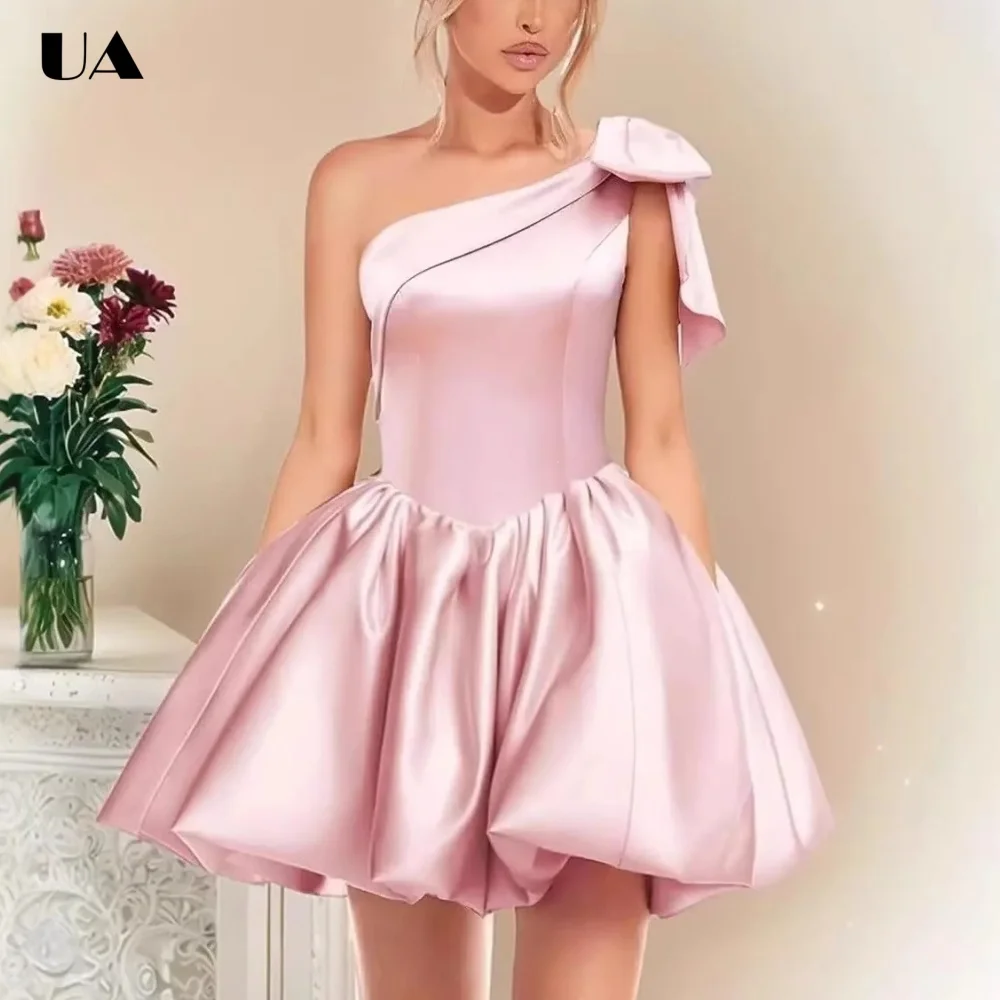 Customized Asymmetrical Neck Bow Ball Gown, Eleagnt Satin Mini Evening Dress, Classic Solid Lace-up Cocktail Party Dress