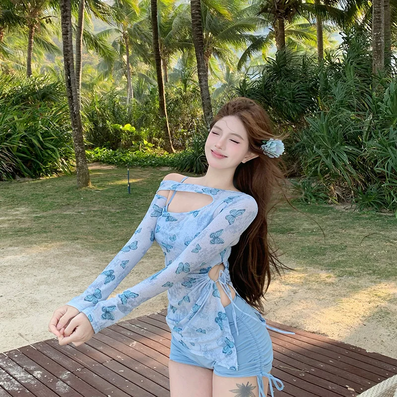 Conjunto de traje de baño estilo Pure Desire Bikini de manga larga con capucha bolsa falda de cadera dulce correa Resort traje de baño aguas termales